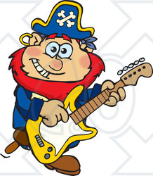 Clipart of a Cartoon Happy Pirate Man Playing an Electric Guitar - Royalty Free Vector Illustration