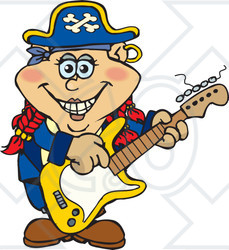 Clipart of a Cartoon Happy Pirate Woman Playing an Electric Guitar - Royalty Free Vector Illustration