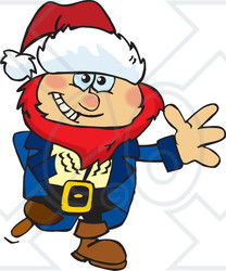 Clipart of a Friendly Waving Male Pirate Wearing a Christmas Santa Hat - Royalty Free Vector Illustration
