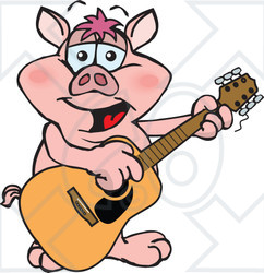 Clipart of a Cartoon Happy Pig Playing an Acoustic Guitar - Royalty Free Vector Illustration