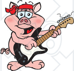 Clipart of a Cartoon Happy Pig Playing an Electric Guitar - Royalty Free Vector Illustration
