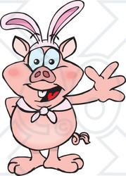 Clipart of a Friendly Waving Pig Wearing Easter Bunny Ears - Royalty Free Vector Illustration