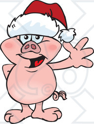 Clipart of a Friendly Waving Pig Wearing a Christmas Santa Hat - Royalty Free Vector Illustration