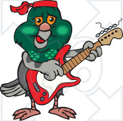 Clipart of a Cartoon Happy Pigeon Playing an Electric Guitar - Royalty Free Vector Illustration