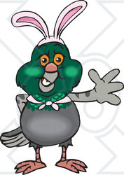 Clipart of a Friendly Waving Pigeon Wearing Easter Bunny Ears - Royalty Free Vector Illustration