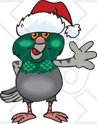 Clipart of a Friendly Waving Pigeon Wearing a Christmas Santa Hat - Royalty Free Vector Illustration