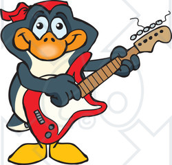 Clipart of a Cartoon Happy Penguin Playing an Electric Guitar - Royalty Free Vector Illustration