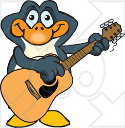 Clipart of a Cartoon Happy Penguin Playing an Acoustic Guitar - Royalty Free Vector Illustration