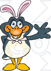 Clipart of a Friendly Waving Penguin Wearing Easter Bunny Ears - Royalty Free Vector Illustration