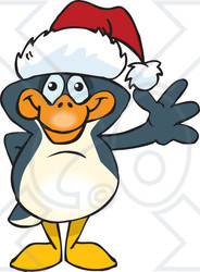 Clipart of a Friendly Waving Penguin Wearing a Christmas Santa Hat - Royalty Free Vector Illustration