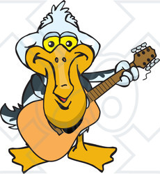 Clipart of a Cartoon Happy Pelican Playing an Acoustic Guitar - Royalty Free Vector Illustration