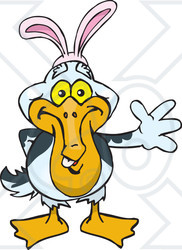 Clipart of a Friendly Waving Pelican Wearing Easter Bunny Ears - Royalty Free Vector Illustration