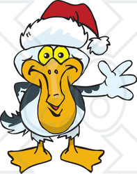 Clipart of a Friendly Waving Pelican Wearing a Christmas Santa Hat - Royalty Free Vector Illustration