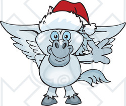 Clipart of a Friendly Waving Pegasus Horse Wearing a Christmas Santa Hat - Royalty Free Vector Illustration