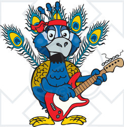 Clipart of a Cartoon Happy Peacock Playing an Electric Guitar - Royalty Free Vector Illustration