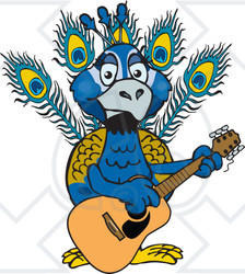 Clipart of a Cartoon Happy Peacock Playing an Acoustic Guitar - Royalty Free Vector Illustration