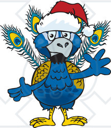 Clipart of a Friendly Waving Peacock Wearing a Christmas Santa Hat - Royalty Free Vector Illustration