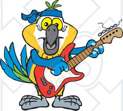 Clipart of a Cartoon Happy Blue and Yellow Macaw Parrot Playing an Electric Guitar - Royalty Free Vector Illustration