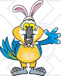 Clipart of a Friendly Waving Blue and Yellow Macaw Wearing Easter Bunny Ears - Royalty Free Vector Illustration