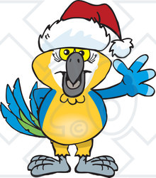 Clipart of a Friendly Waving Blue and Yellow Macaw Wearing a Christmas Santa Hat - Royalty Free Vector Illustration