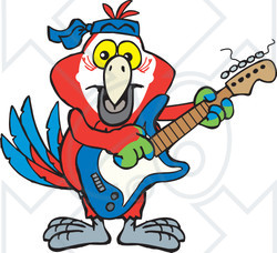 Clipart of a Cartoon Happy Macaw Parrot Playing an Electric Guitar - Royalty Free Vector Illustration