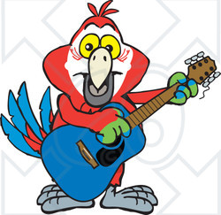 Clipart of a Cartoon Happy Macaw Parrot Playing an Acoustic Guitar - Royalty Free Vector Illustration
