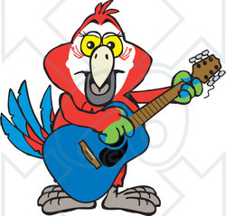 Clipart of a Cartoon Happy Scarlet Macaw Parrot Playing an Acoustic Guitar - Royalty Free Vector Illustration