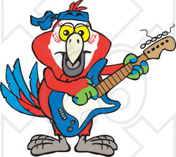 Clipart of a Cartoon Happy Scarlet Macaw Parrot Playing an Electric Guitar - Royalty Free Vector Illustration