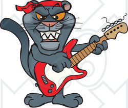 Clipart of a Cartoon Black Panther Playing an Electric Guitar - Royalty Free Vector Illustration