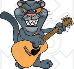 Clipart of a Cartoon Black Panther Playing an Acoustic Guitar - Royalty Free Vector Illustration
