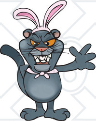 Clipart of a Friendly Waving Black Panther Wearing Easter Bunny Ears - Royalty Free Vector Illustration
