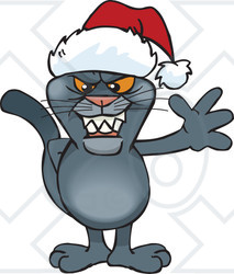Clipart of a Friendly Waving Black Panther Wearing a Christmas Santa Hat - Royalty Free Vector Illustration