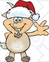 Clipart of a Friendly Waving Faun Pan Wearing a Christmas Santa Hat - Royalty Free Vector Illustration