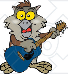 Clipart of a Cartoon Happy Owl Playing an Acoustic Guitar - Royalty Free Vector Illustration