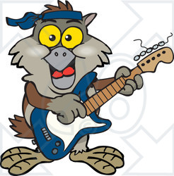 Clipart of a Cartoon Happy Owl Playing an Electric Guitar - Royalty Free Vector Illustration