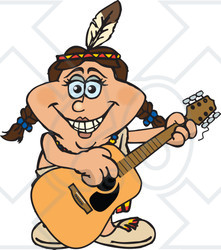 Clipart of a Cartoon Happy Native American Woman Playing an Acoustic Guitar - Royalty Free Vector Illustration