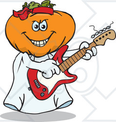 Clipart of a Cartoon Jackolantern Ghost Playing an Electric Guitar - Royalty Free Vector Illustration