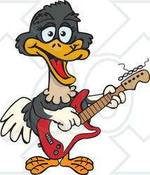 Clipart of a Cartoon Happy Ostrich Playing an Electric Guitar - Royalty Free Vector Illustration