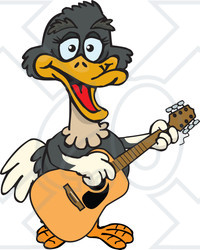 Clipart of a Cartoon Happy Ostrich Playing an Acoustic Guitar - Royalty Free Vector Illustration