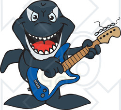 Clipart of a Cartoon Happy Orca Killer Whale Playing an Electric Guitar - Royalty Free Vector Illustration