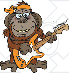 Clipart of a Cartoon Happy Orangutan Playing an Electric Guitar - Royalty Free Vector Illustration
