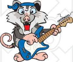 Clipart of a Cartoon Happy Opossum Playing an Electric Guitar - Royalty Free Vector Illustration
