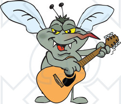 Clipart of a Cartoon Happy Mosquito Playing an Acoustic Guitar - Royalty Free Vector Illustration