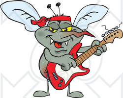 Clipart of a Cartoon Happy Mosquito Playing an Electric Guitar - Royalty Free Vector Illustration