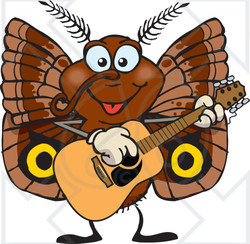 Clipart of a Cartoon Happy Moth Playing an Acoustic Guitar - Royalty Free Vector Illustration