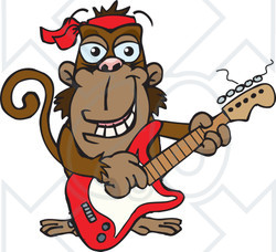 Clipart of a Cartoon Happy Monkey Playing an Electric Guitar - Royalty Free Vector Illustration