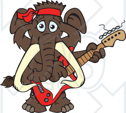 Clipart of a Cartoon Happy Mammoth Playing an Electric Guitar - Royalty Free Vector Illustration
