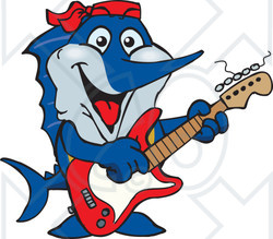 Clipart of a Cartoon Happy Marlin Fish Playing an Electric Guitar - Royalty Free Vector Illustration