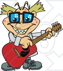 Clipart of a Cartoon Happy Mad Scientist Playing an Acoustic Guitar - Royalty Free Vector Illustration