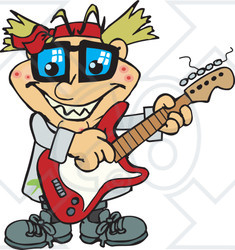 Clipart of a Cartoon Happy Mad Scientist Playing an Electric Guitar - Royalty Free Vector Illustration